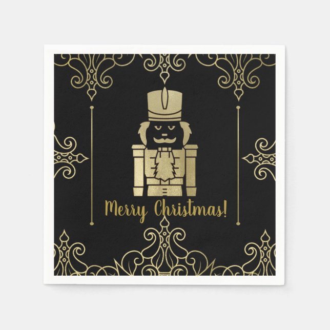 Guardanapo De Papel Festa de Férias Nutcracker Negro Dourado Elegante  (Frente)