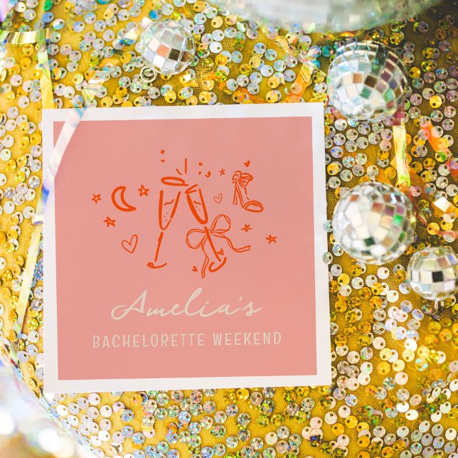 Guardanapo De Papel Festa de Fim de Semana de Despedida de Solteira co (Pink and red hand drawn sketch girly icon illustrations bachelorette party napkins.)