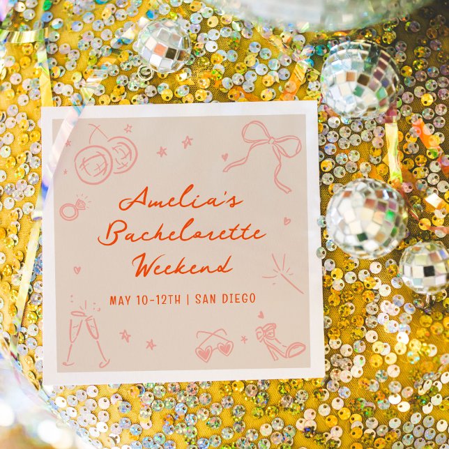 Guardanapo De Papel Festa de Fim de Semana de Solteira com Desenho Ros (Pink and red hand drawn sketch girly icon illustrations bachelorette party napkins.)