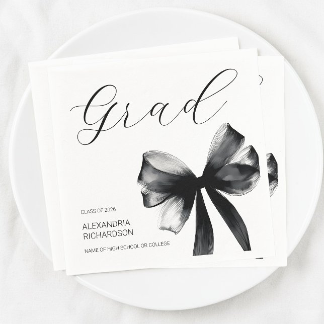 Guardanapo De Papel Festa de Formatura com Laço Simples Preto e Branco (Simple Black and White Cute Bow Graduation Party Napkins)