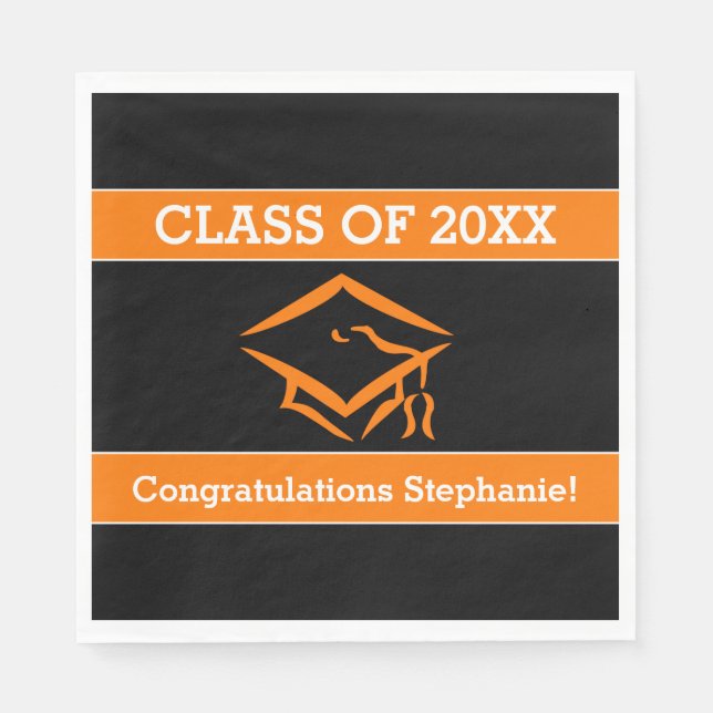 Guardanapo De Papel Festa de formatura de borda negra e laranja (Frente)