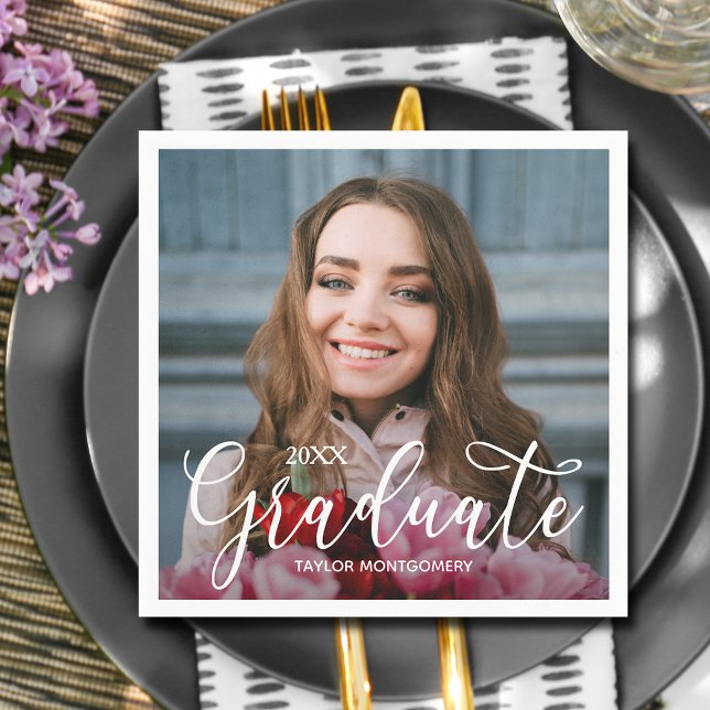 Guardanapo De Papel Festa de formatura de Fotografias de Script Elegan (Elegant Script Photo Graduation Party Napkins)