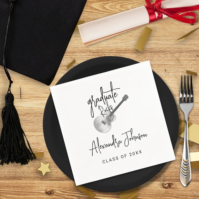 Guardanapo De Papel Festa de formatura de Violão Moderno com Script de (Modern trendy black and white rustic country guitar music themed graduation party custom napkin)