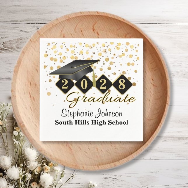 Guardanapo De Papel Festa de formatura Personalizada Preta e Dourada (Personalized Graduation Party Black & Gold Napkins)