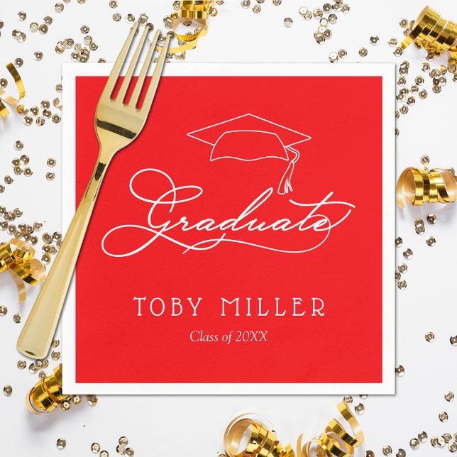 Guardanapo De Papel Festa de formatura vermelha (White script grad cap on red personalized graduation party napkins, paper plates in our store)