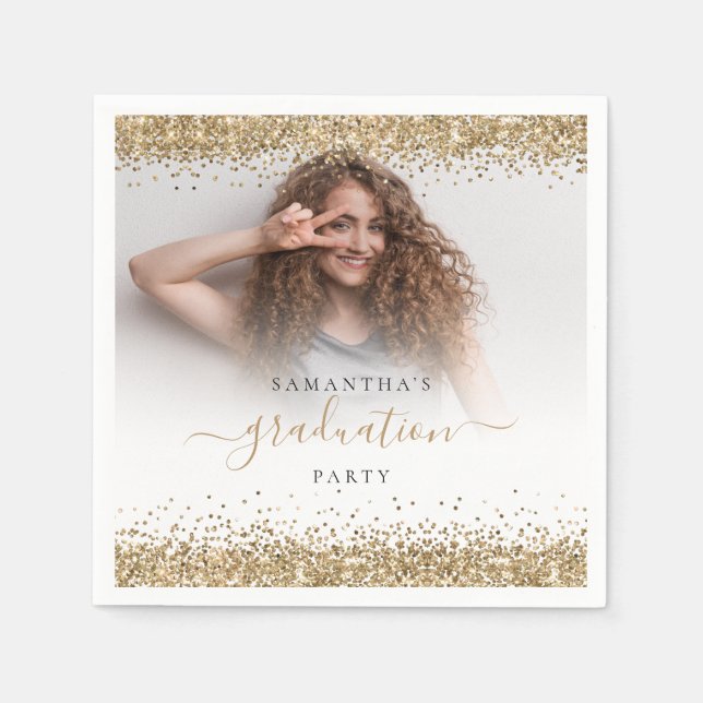 Guardanapo De Papel Festa de Graduação do Nome de Foto Glitter Dourado (Frente)