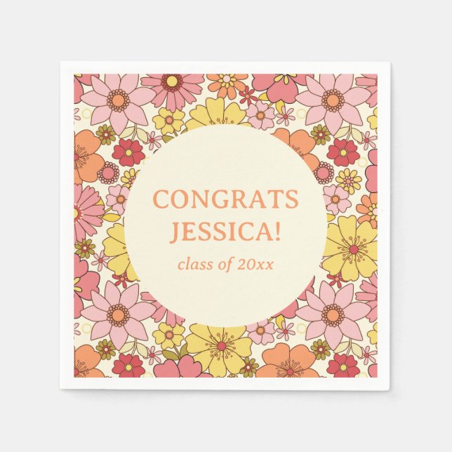 Guardanapo De Papel Festa de Graduação Floral Groovy Rosa Amarelo Retr (Frente)