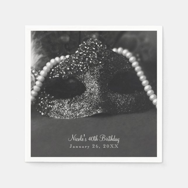 Guardanapo De Papel Festa de Máscaras e Pérolas de Mascarada em Preto  (Frente)