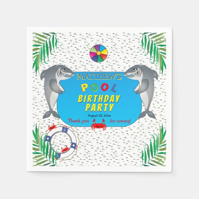 Guardanapo De Papel Festa de Piscina de Aniversário do Tubarão Infesta (Frente)