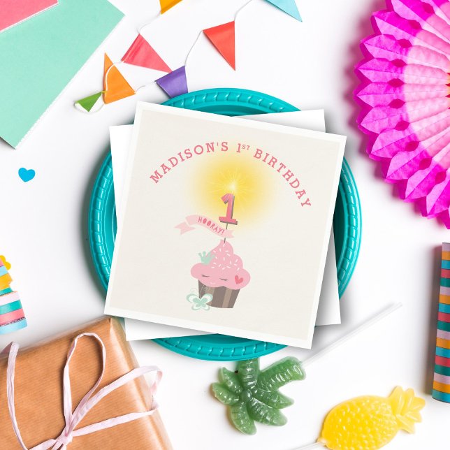 Guardanapo De Papel Festa de primeiro aniversario da Menina Rosa Cupca (Whimsical Little Miss Pink Cupcake Girl's 1st Birthday Party Napkins @ fatfatin_mini_me)