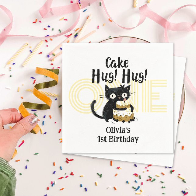 Guardanapo De Papel Festa de primeiro aniversario Negro Engraçado (Funny Black Cat 1st Birthday Party Napkins)