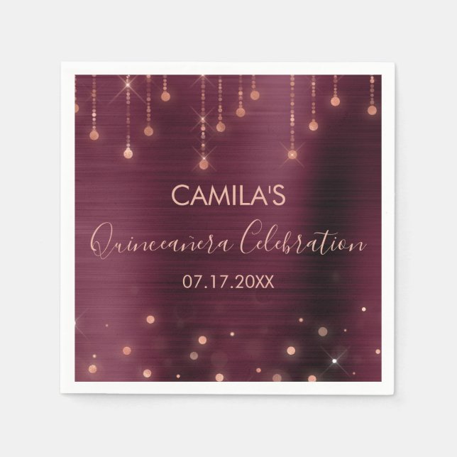 Guardanapo De Papel Festa de Quinceanera Dourada e Borgonha (Frente)