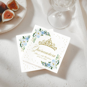 Guardanapo De Papel Festa de Quinceanera Dourada Tiara Baby Blue Flora