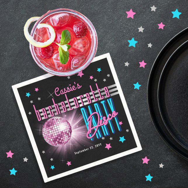 Guardanapo De Papel Festa de solteira de esfera Neon Look Disco, retro (Retro 70's Neon Look Disco Ball Bachelorette Party Cocktail Napkins)