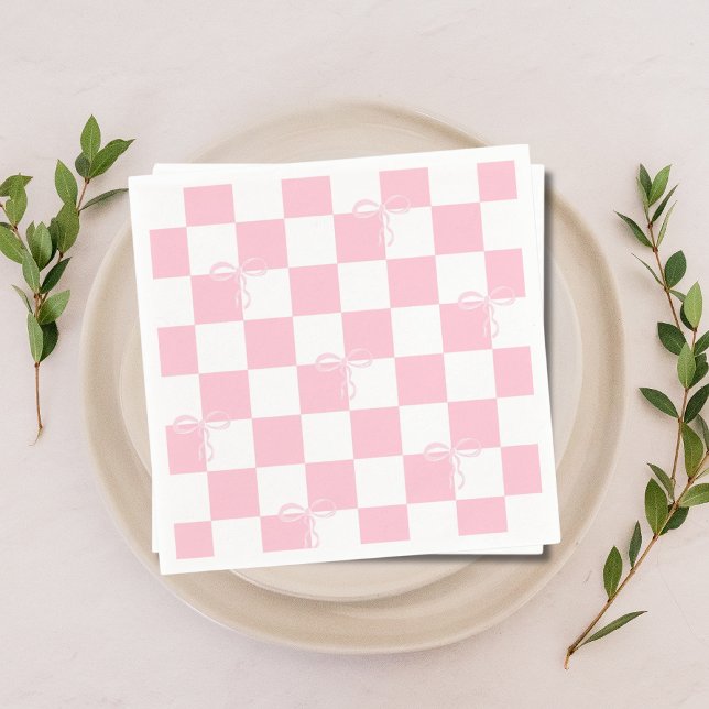 Guardanapo De Papel Festa de solteira rosa com verificação de Arco (Pink Bow Checkered Girly Bachelorette Party Napkins)