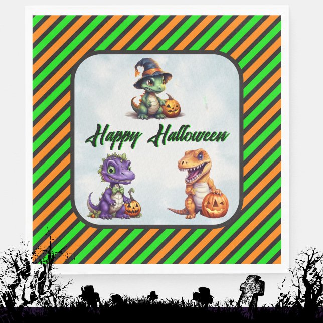 Guardanapo De Papel Festa Dino-Mash do Dinossaur do Halloween (Halloween Dino Napkins in Green and Orange Stripe)