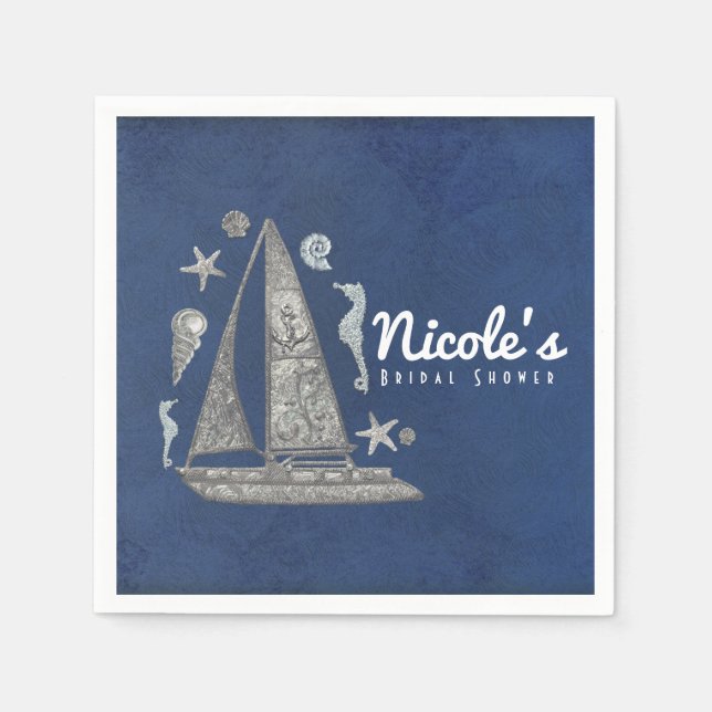 Guardanapo De Papel Festa Elegante de Coisas de Barco e Praia em Prata (Frente)