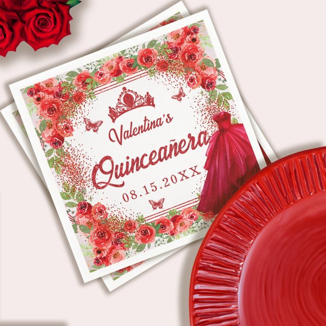 Guardanapo De Papel Festa Floral de Quinceanera Vermelha (Red Glitter Floral Quinceanera Party Napkins)