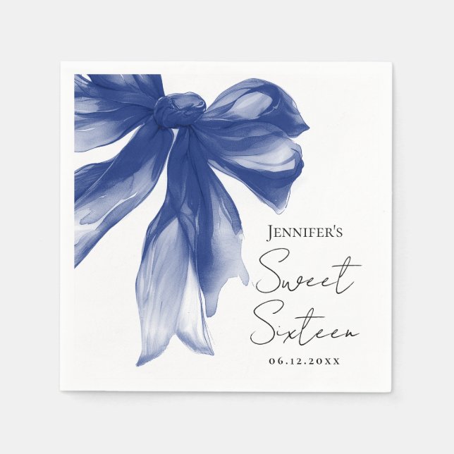 Guardanapo De Papel Festa Navy Bow Coquette Script Sweet 16  (Frente)