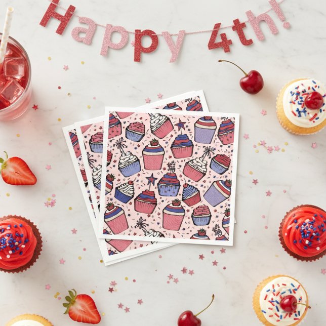 Guardanapo De Papel Festa Negra Vermelha e Cupcake Azul Girassol Patri (Cute Pink 4th of July Party Napkins. Girly Patriotic Stars and Strips Fourth of July Cupcake Pattern)