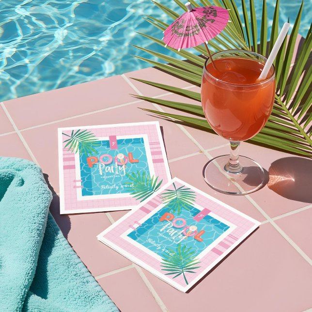 Guardanapo De Papel Festa Tropical de Piscina de Aniversário Tropical  (Tropical Pink & Blue Tropical Birthday Pool Party Napkins)