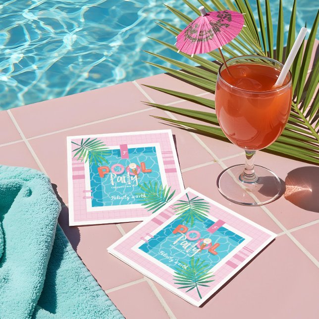 Guardanapo De Papel Festa Tropical Vermelha e Azul de Piscina Tropical (Fun Tropical Pink & Blue Tropical Pool Party Napkins)