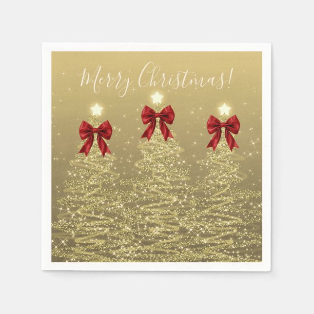 Guardanapo De Papel Festive Holiday Gold Christmas Trees w/ Red Bows (Frente)