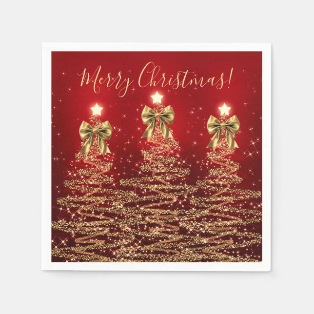 Guardanapo De Papel Festive Holiday Gold Red Christmas Trees w/ Bows (Frente)