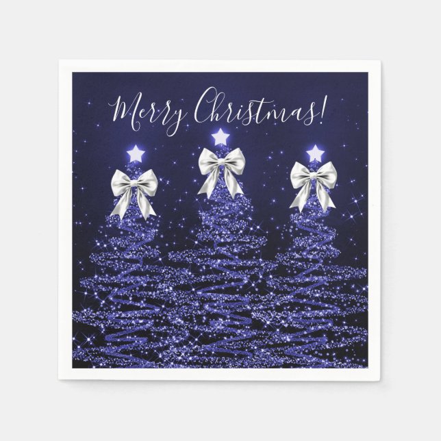 Guardanapo De Papel Festive Holiday Navy Christmas Trees Silver Bows (Frente)