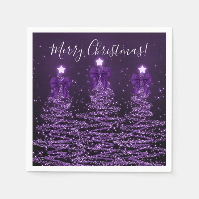 Guardanapo De Papel Festive Holiday Purple Christmas Trees Bows (Frente)