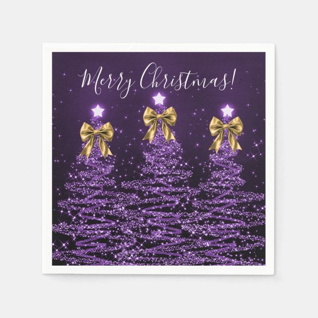 Guardanapo De Papel Festive Holiday Purple Christmas Trees Gold Bows (Frente)