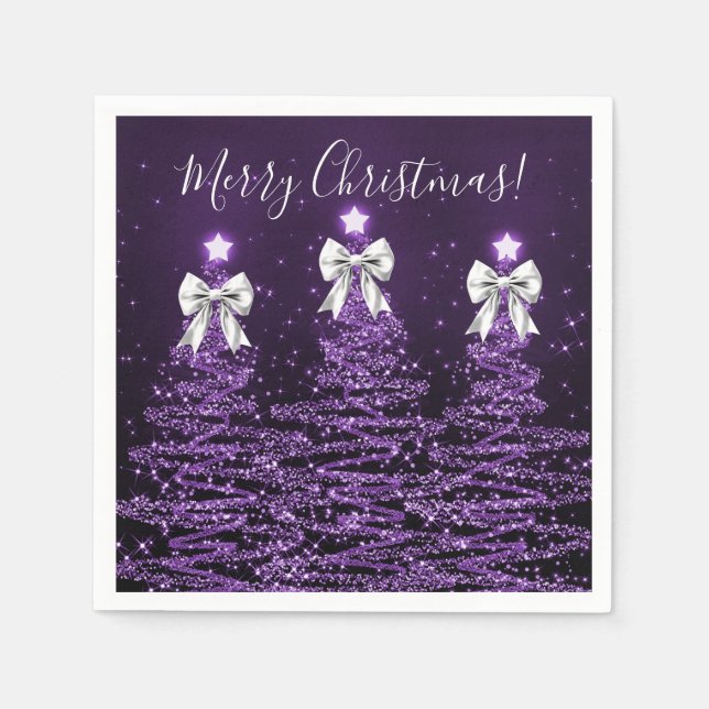 Guardanapo De Papel Festive Holiday Purple Christmas Trees Silver Bows (Frente)