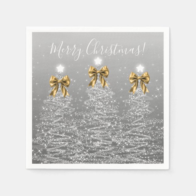Guardanapo De Papel Festive Holiday Silver Christmas Trees Gold Bows (Frente)