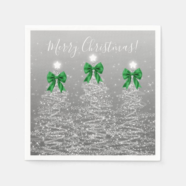 Guardanapo De Papel Festive Holiday Silver Christmas Trees Green Bows (Frente)