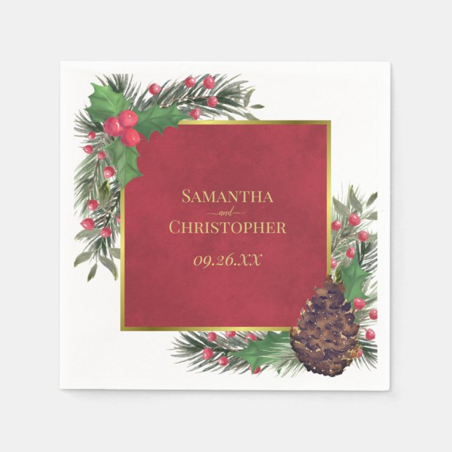 Guardanapo De Papel Festive Holly Berries & Pine Holiday Wedding (Frente)