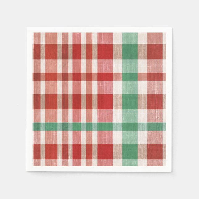 Guardanapo De Papel Festive Retro Red Green Textured Plaid  (Frente)