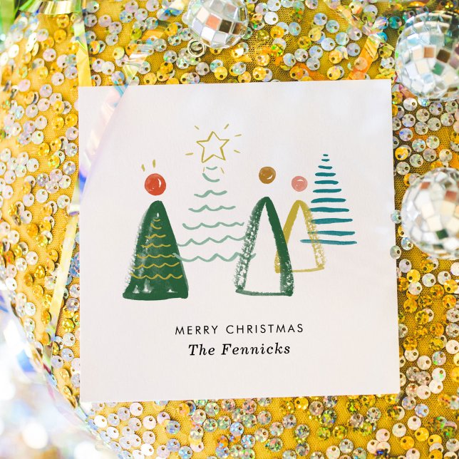Guardanapo De Papel Festivo Moderno Aquarela Feriado de Natal (Watercolor Christmas trees personalized Merry Christmas party napkins.)
