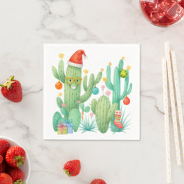 Guardanapo De Papel Festivo Natal Cactus com Papai Noel e Ornamento