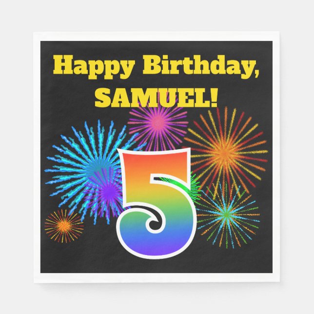 Guardanapo De Papel Fireworks divertido + Rainbow Patterno "5" Anivers (Frente)