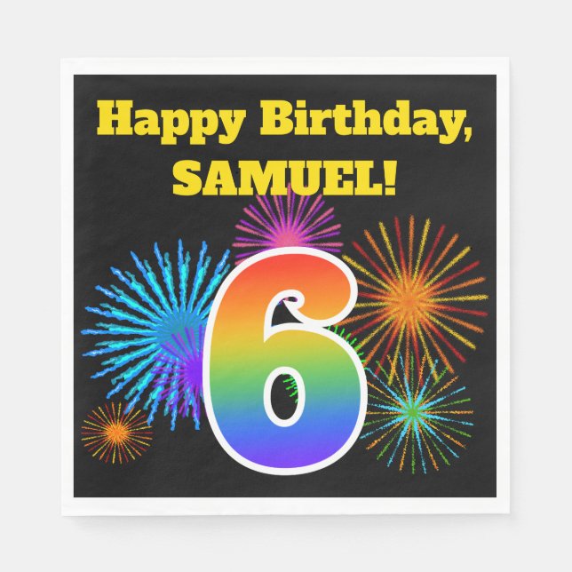 Guardanapo De Papel Fireworks divertido + Rainbow Patterno "6" Anivers (Frente)