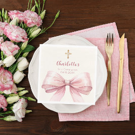 Guardanapo De Papel First Communion pink bow cream cross luncheon