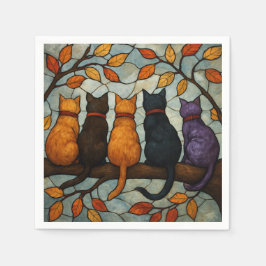 Guardanapo De Papel Five Cats on a Tree Branch Stained Glass Style