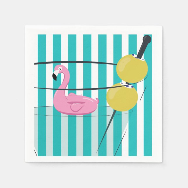 Guardanapo De Papel Flamingo & Cabana Stripe Cocktail Napkin - Turq. (Frente)