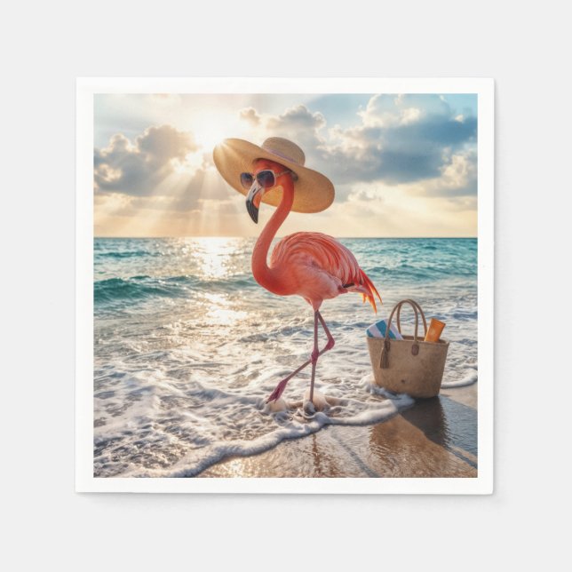 Guardanapo De Papel Flamingo Chic com Chapéu de Sol e Óculos de Sol (Frente)