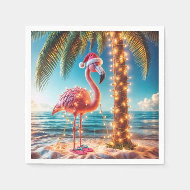 Guardanapo De Papel Flamingo Rosa De Natal Em Luzes Tangidas (Frente)