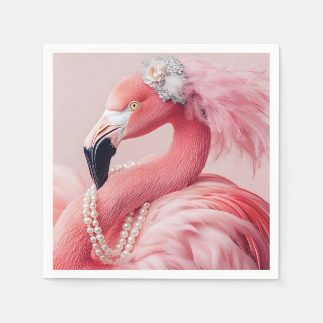 Guardanapo De Papel Flamingo Rosa Elegante com Pérolas e Penas (Frente)