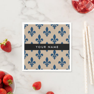 Guardanapo De Papel Fleur de Lis, Azul Marinho em Bege, Real, Seu Nome