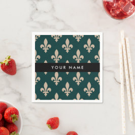Guardanapo De Papel Fleur de Lis, Beige on Green, Royal, Your Name