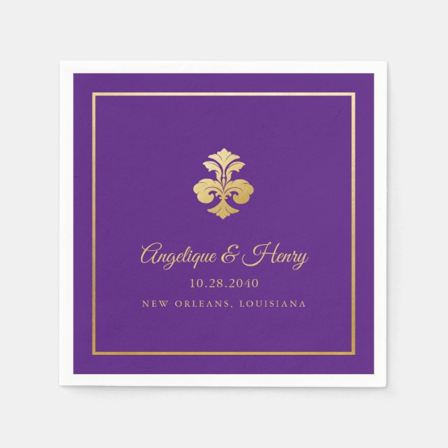 Guardanapo De Papel Fleur de Lis Dourado Purple Elegante Personalizado (Frente)