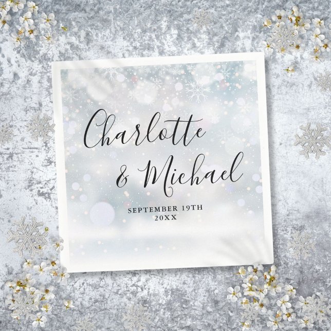 Guardanapo De Papel Flocos de Neve de Inverno Elegantes Script (Elegant Winter Snowflakes Signature Script Napkins)